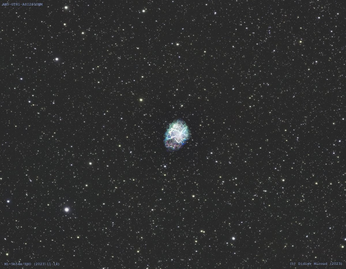 dmicoud's tweet photo. M1, The Crab nebula, one more Messier under my belt.
This target has been on my todo list for a while but it's rather small for my  380mm focal length. I knew I would not get a high level of details. Turned out better than I thought. @zwoasi @WilliamOptics #Astrophotography https://t.co/BFMDLlLqgp