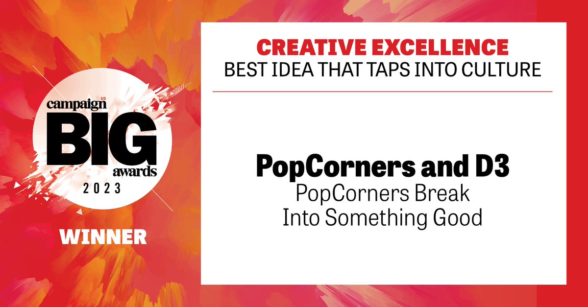 Now we have the gold for Best Idea that Taps into Culture. Congratulations to our winners, ⁦@popcorners⁩ and D3 for PopCorners Break Into Something Good! #CampaignUSBIGAwards
