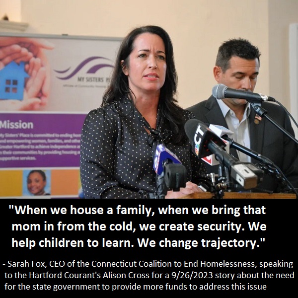 #QuoteOfTheDay / #QOTD, 11/19/2023 #Quote by: @CCEHtweets CEO Sarah Fox, to the @HartfordCourant's @Alison_Cross_ [Photo: @Reporter_Savino of @CTNewsJunkie, taken at a 9/25/2023 press conference] #HHWeek #HHWeek2023