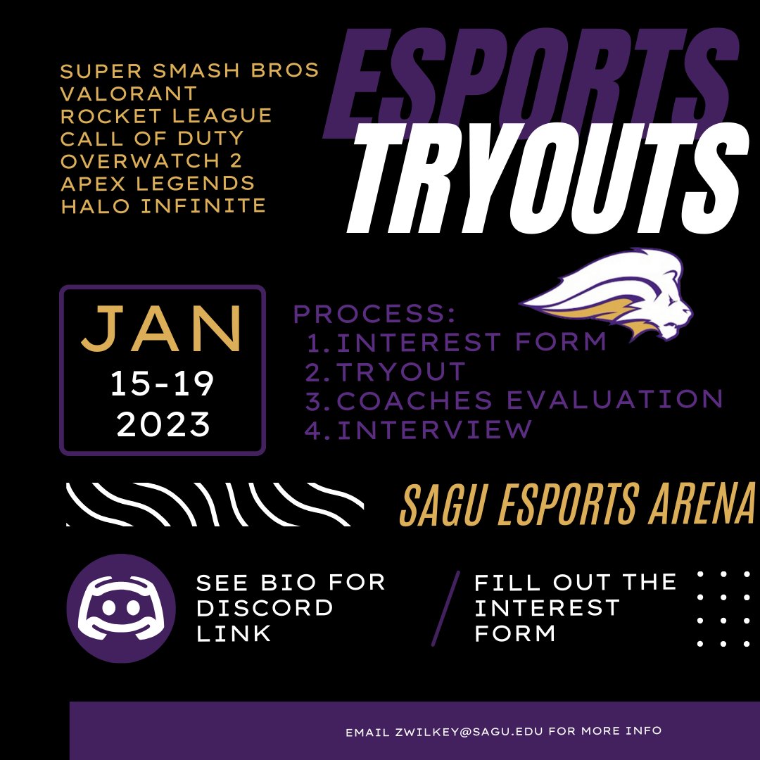 NelsonUEsports's tweet photo. SAGU Esports is looking for athletes for the Spring 2024 Season!

Tryouts are going to be January 15-19! If you are interested, check out our Discord link in our bio, or email esports@sagu.edu!

All skill levels are welcome! https://t.co/SudhkD56nz