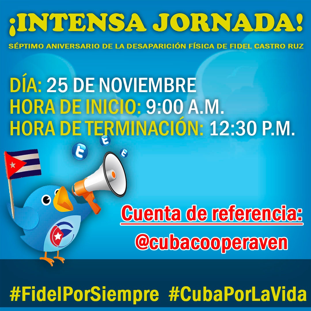 El Dr Jose Antonio Machado Reyes, Jefe de la Misión Médica Cubana en venezuela los invita a participar en la intensa jornada en las redes sociales,rindiéndole homenaje al líder histórico Fidel Castro Ruz en elséptimo aniversario de su desaparición física. #FidelPorSiempre