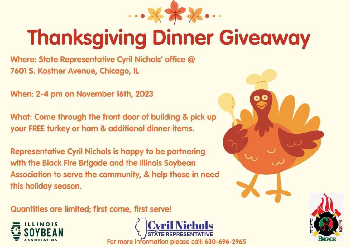 FriendsofCyrilN's tweet image. Tomorrow is our Turkey Dinner Giveaway! We’ve partnered with the Illinois Soybean Association and @blackfirebrigade to give the community a FREE Turkey or ham with sides, while supplies last. Meet us at 7601 S. Kostner Avenue from 2 pm and 4pm. We hope that you will join us.