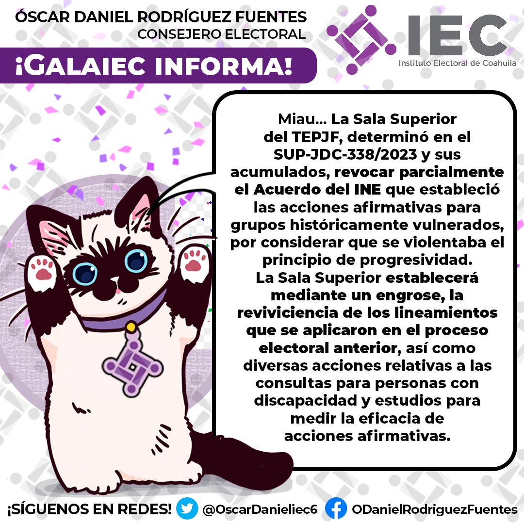 OscarDanieliec6's tweet photo. La Sala Superior del @TEPJF_informa resolvió un importante asunto relativo a las #accionesafirmativas Galaiec te cuenta lo sucedido 🐈👇 https://t.co/lvWB2YopJS