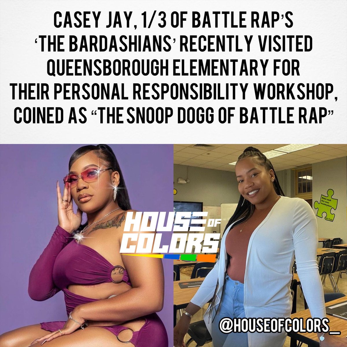 HouseofColors_'s tweet photo. #CaseyJay, 1/3 of “The Bardashians” recently visited #QueensboroughElementarySchool to help educate students for their Personal Responsibility Workshop. 👏📚 #HouseofColors #Education #TheBardashians #TheFuture #SnoopDogg #news 

(📹: @realcaseyjay) 

https://t.co/eG5DcpM9ke https://t.co/ucOIWHQ6jv