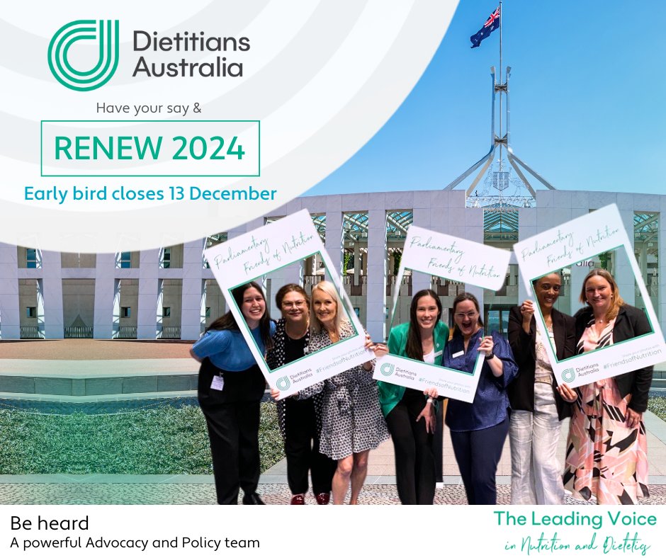 #Members - Our leading voice is your voice – dietitians are making a difference.

Have your say and contribute to our working groups and submissions. Advocate for a healthier Australia with us in 2024 together.

Renew today at an early bird rate: bit.ly/3tMJgDR