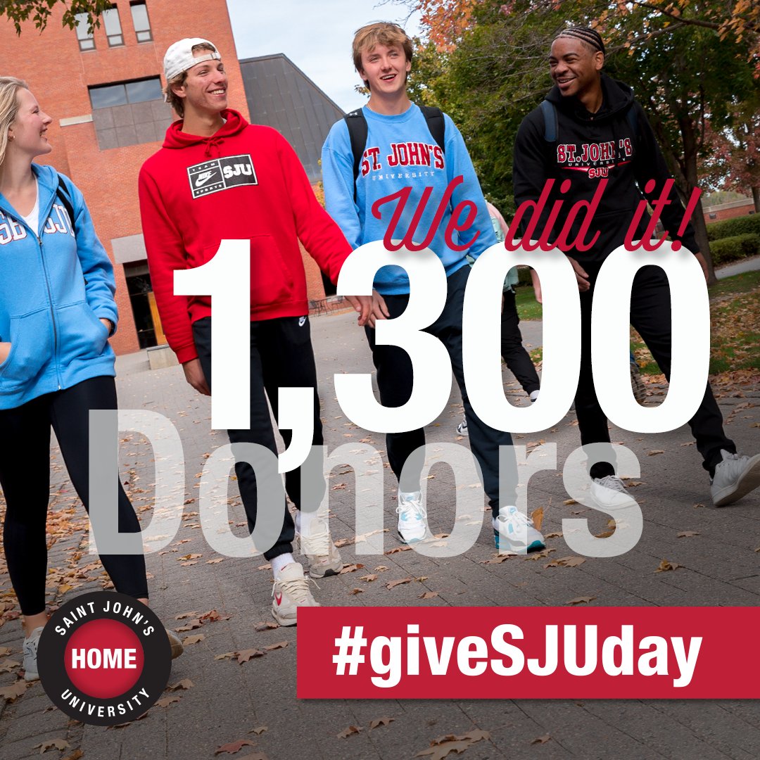We did it Johnnies! Thank you to everyone, alumni, parents, faculty, staff and friends who has donated today to help reach our 1,300 donor goal! But, the day is not over, let's get to 1,400 to unlock our generous $100,000 match and beyond! #gojohnnies