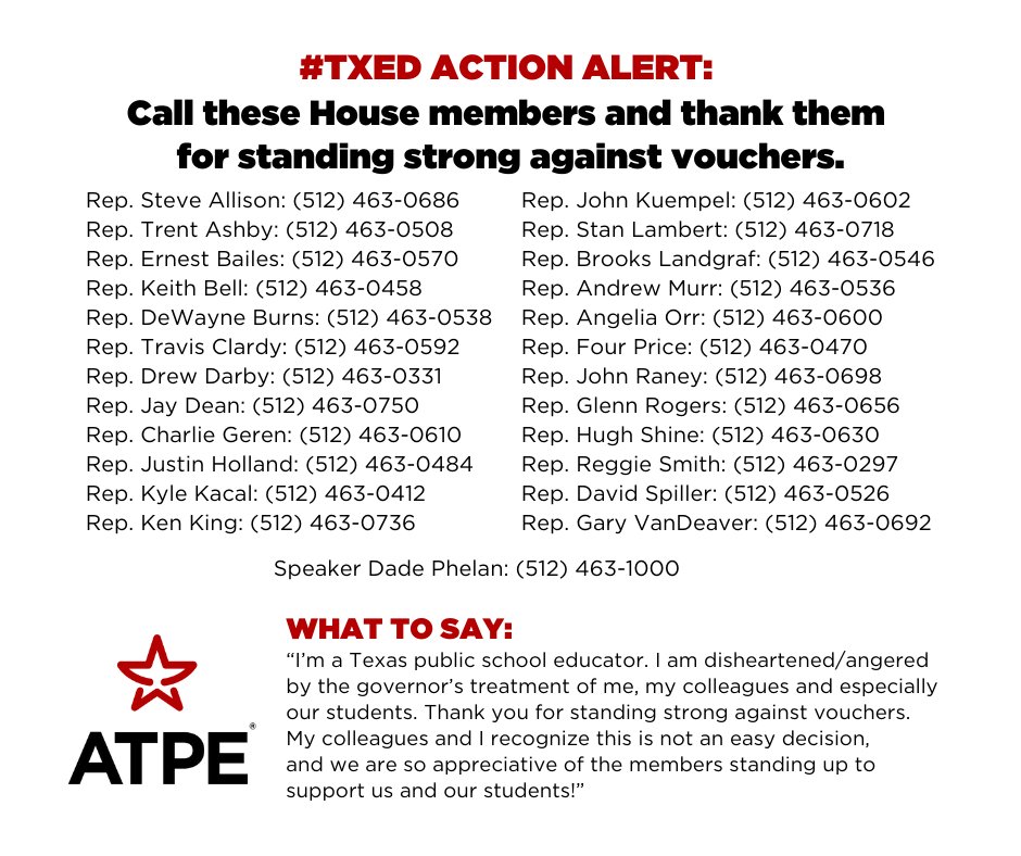 #txed Action Alert: Call these House members and thank them for standing strong against vouchers! #txlege #NoVouchers