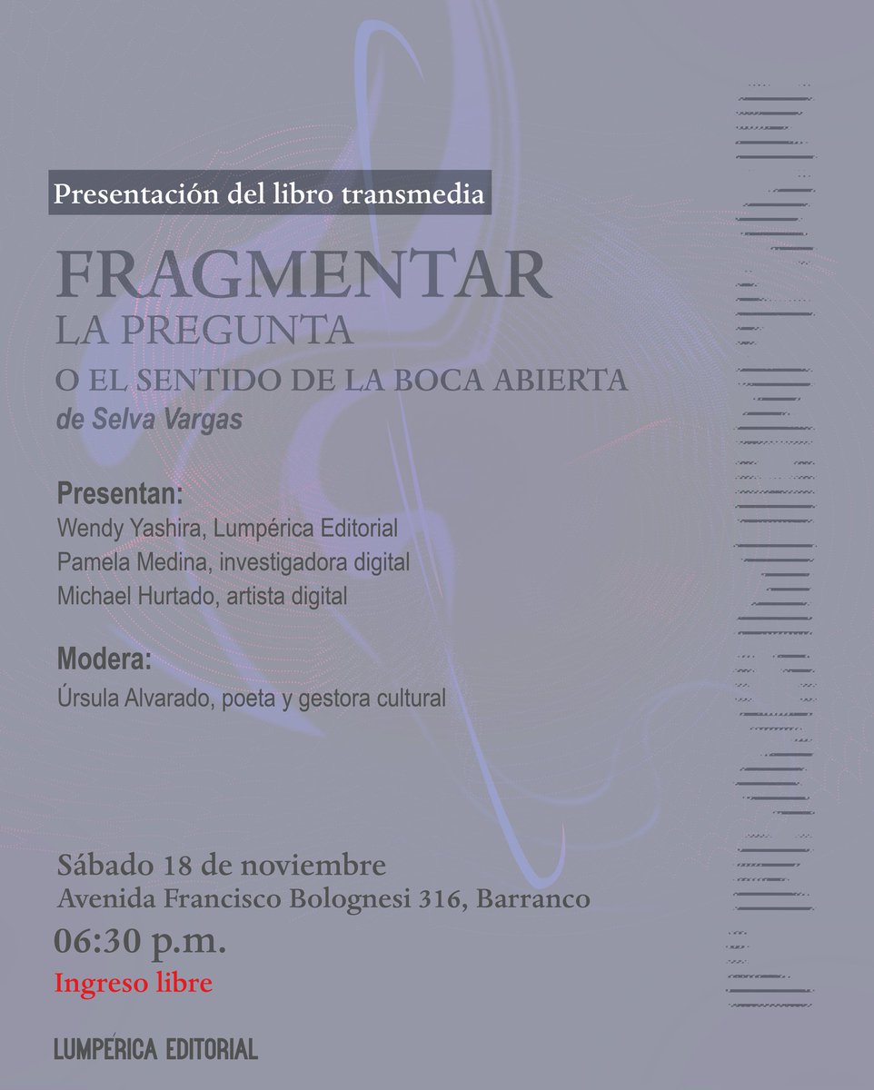 🎉Queridxs amigxs🪻🪩📱 hemos actualizado ubicación del evento de este sábado será en Av. Francisco Bolognesi 316, Barranco (Goodbar) a las 6.30 p.m. Ingreso libre 💌
Lxs esperamos con sorpresas 🪻💖🔮

#librotransmedial
#ciberpoesia
#poesía
#IA
#realidadaumentada