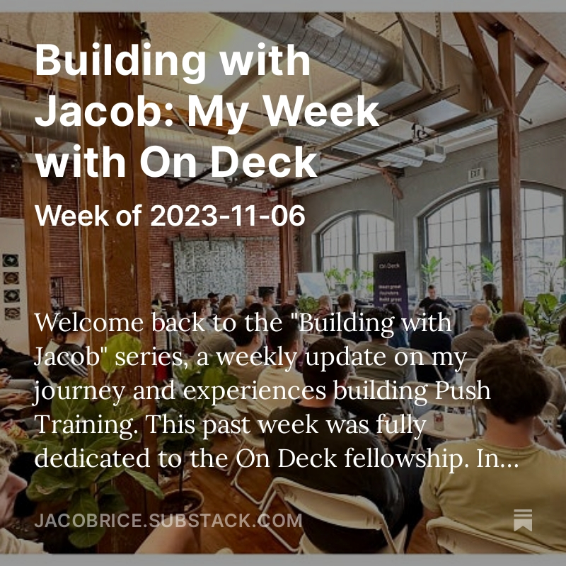 Albernackee's tweet photo. This past week was fully dedicated to the @beondeck founder fellowship. What a packed week of insights and new relationships! Read all about it in my new post on Substack. https://t.co/uMvD2Y20Gs

#founder #sf #running #treadmill #workouts #ios #app https://t.co/nQixXkcWUB