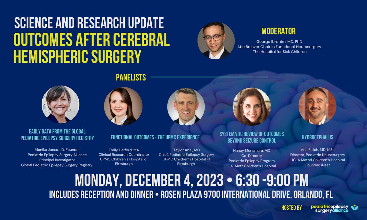 📣 Join us for our science & research update about outcomes after cerebral hemispheric surgery. Moderated by @gmi_canada with panelists @monikajonesjd @taylorabelmd Emily Harford @NancyMc69680658 @a_fallah ✍🏼bit.ly/3QT0poR #hemispherectomy #epilepsysurgery #AES2023