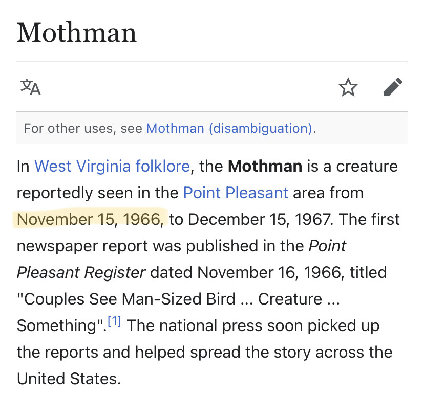 Today is Mothan's birthday. Happy Birthday Mothman.