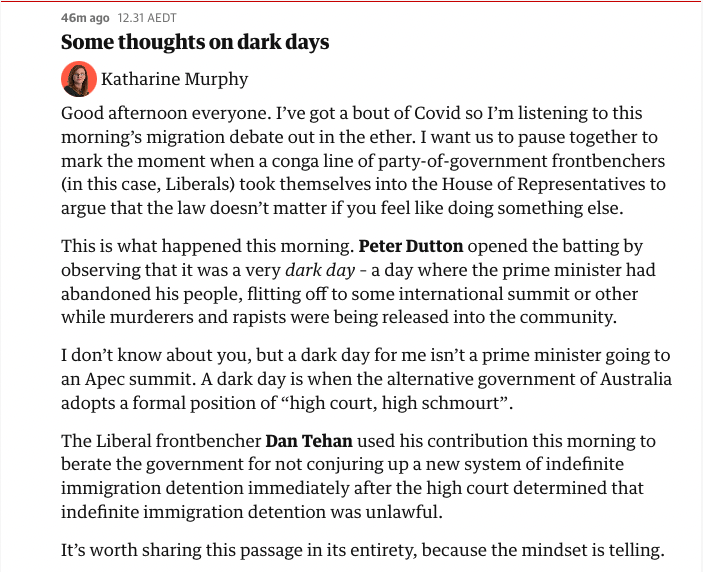 JoshButler's tweet image. "We can have mob rule and the vibe, or we can respect the institutions that safeguard customs and norms in a democracy. I know which I prefer" - @murpharoo theguardian.com/australia-news…