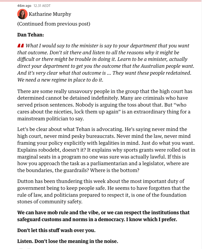 JoshButler's tweet image. "We can have mob rule and the vibe, or we can respect the institutions that safeguard customs and norms in a democracy. I know which I prefer" - @murpharoo theguardian.com/australia-news…