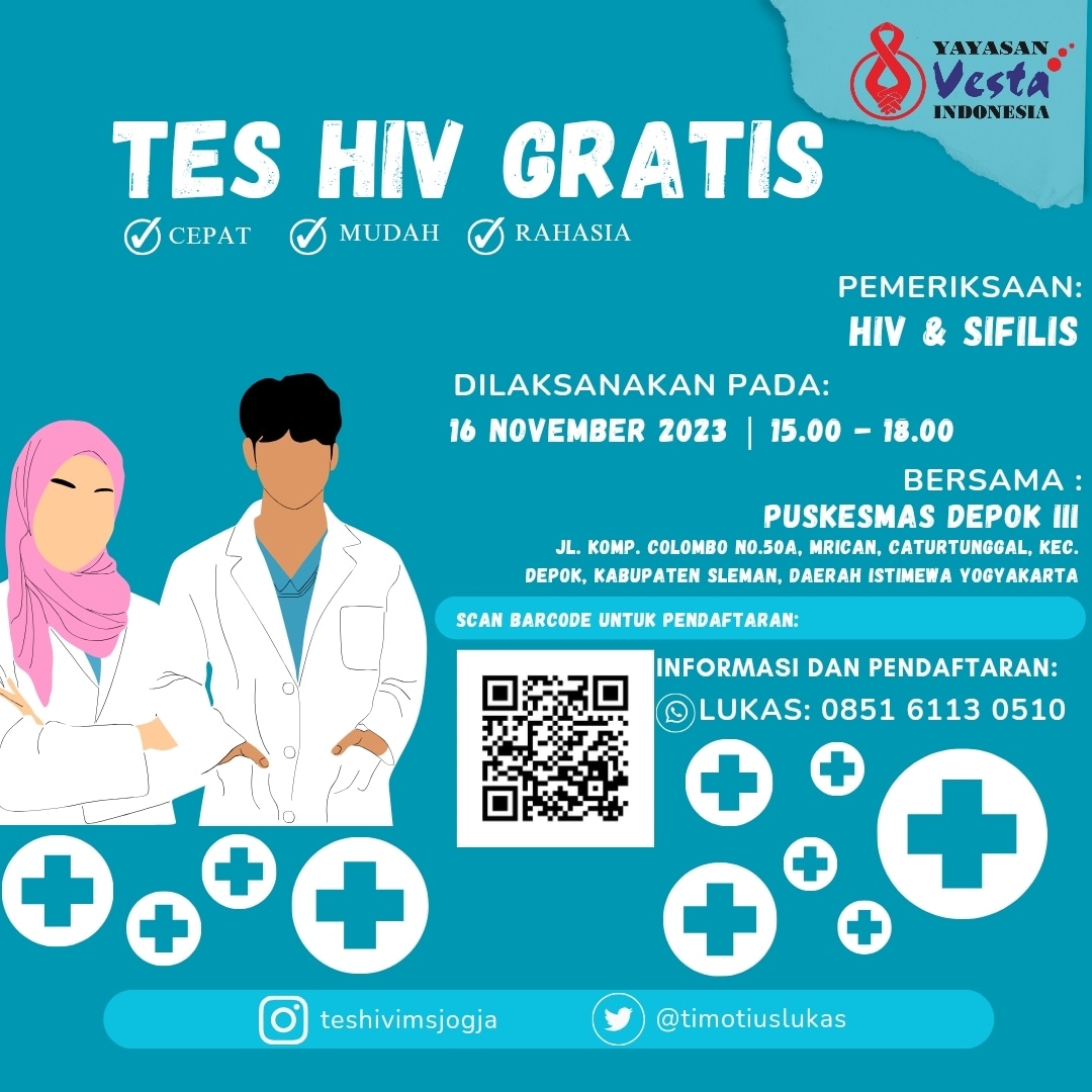 Halo guys. Buat yang mau tes kesehatan berkala, tapi takut keramaian. Yuk join tes HIV dan IMS gratis di Puskesmas Depok 3, hari Kamis 16 November 2023. Scan barcode untuk pendaftaran. Stay SAFE,  FUN, HEALTHY, and REPEAT. More info: Lukas (0851 6113 0510)

#HIVJogja #VCTJogja