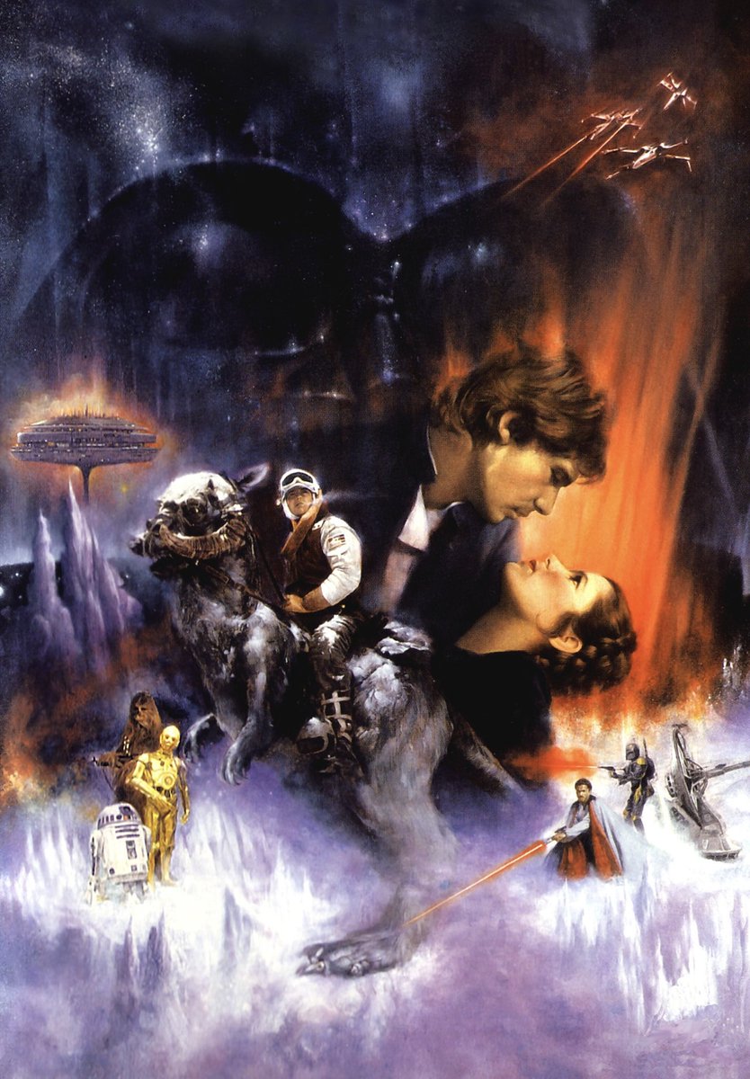 FindingFord's tweet photo. RIP to #RogerKastel creator of my favourite #StarWars poster of them all. #TheEmpireStrikesBack #GoneWithTheWind. This is the rare original recalled version featuring #BobaFett & #LandoCalrissian who were removed for the release. #FilmPoster #Art #HarrisonFord #FindingFord https://t.co/e0263hrTcn