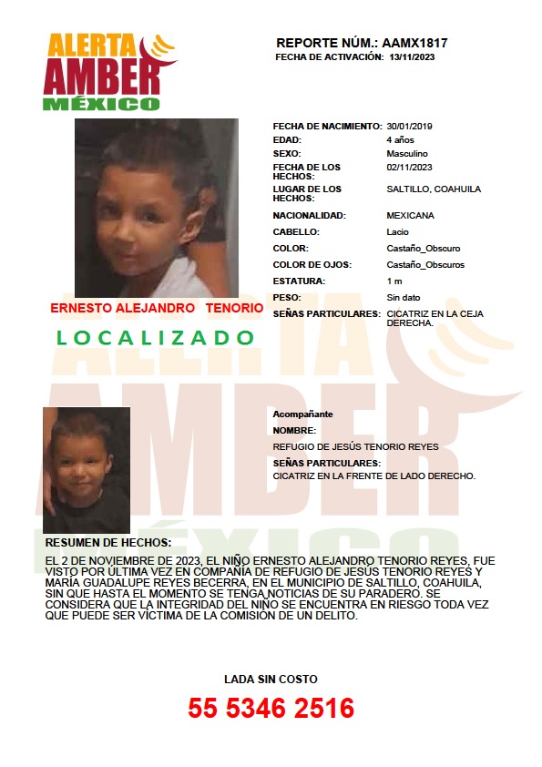 AAMBER_mx's tweet photo. La #AlertaAMBER para ERNESTO ALEJANDRO TENORIO REYES de 4 años de edad, se desactiva debido a su localización. ¡Gracias por tu apoyo! https://t.co/v87g5Pjhpa