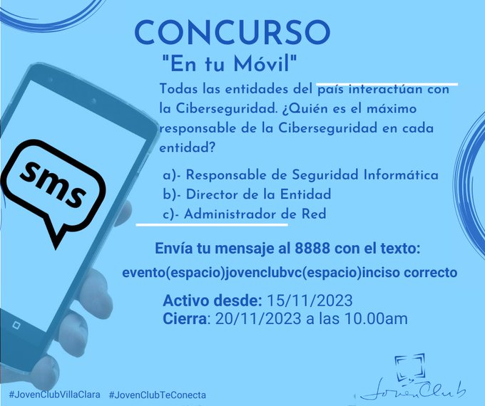 Desde #JovenClubCuba 🇨🇺 esperamos su participación al concurso 'En tu móvil' 
👇Activo desde el #15DeNoviembre hasta #20denoviembre👇

#JovenClubTeConecta #CubaPorLaTransformaciónDigital