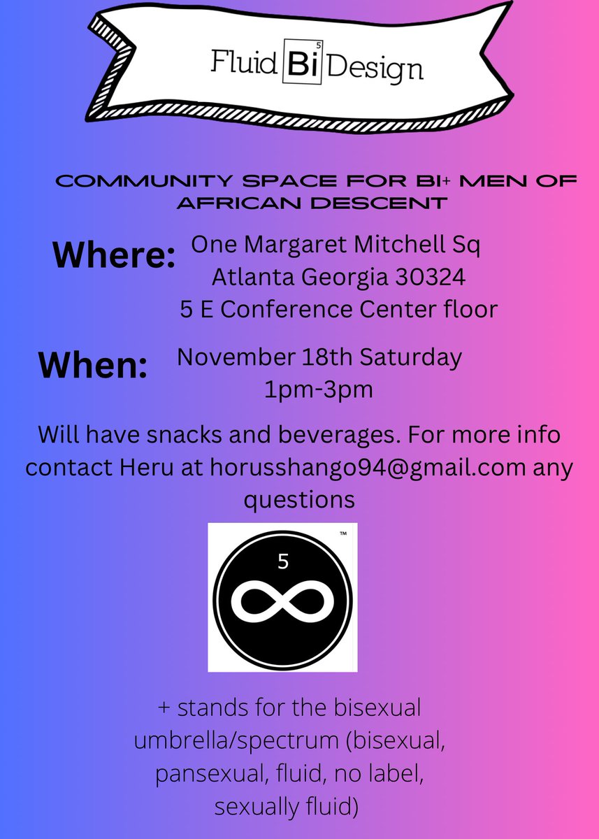 FOR BLACK Bi/pan/fluid MEN IN ATLANTA! 
@nycmadem3 will be having a support group/community space at the Fulton County library for Black men on the spectrum. Cis & trans men. Come out & find like-minded people. PLEASE SHARE.
#BisexualMenSpeak #bisexualmenexist #bitwitter #ATL
