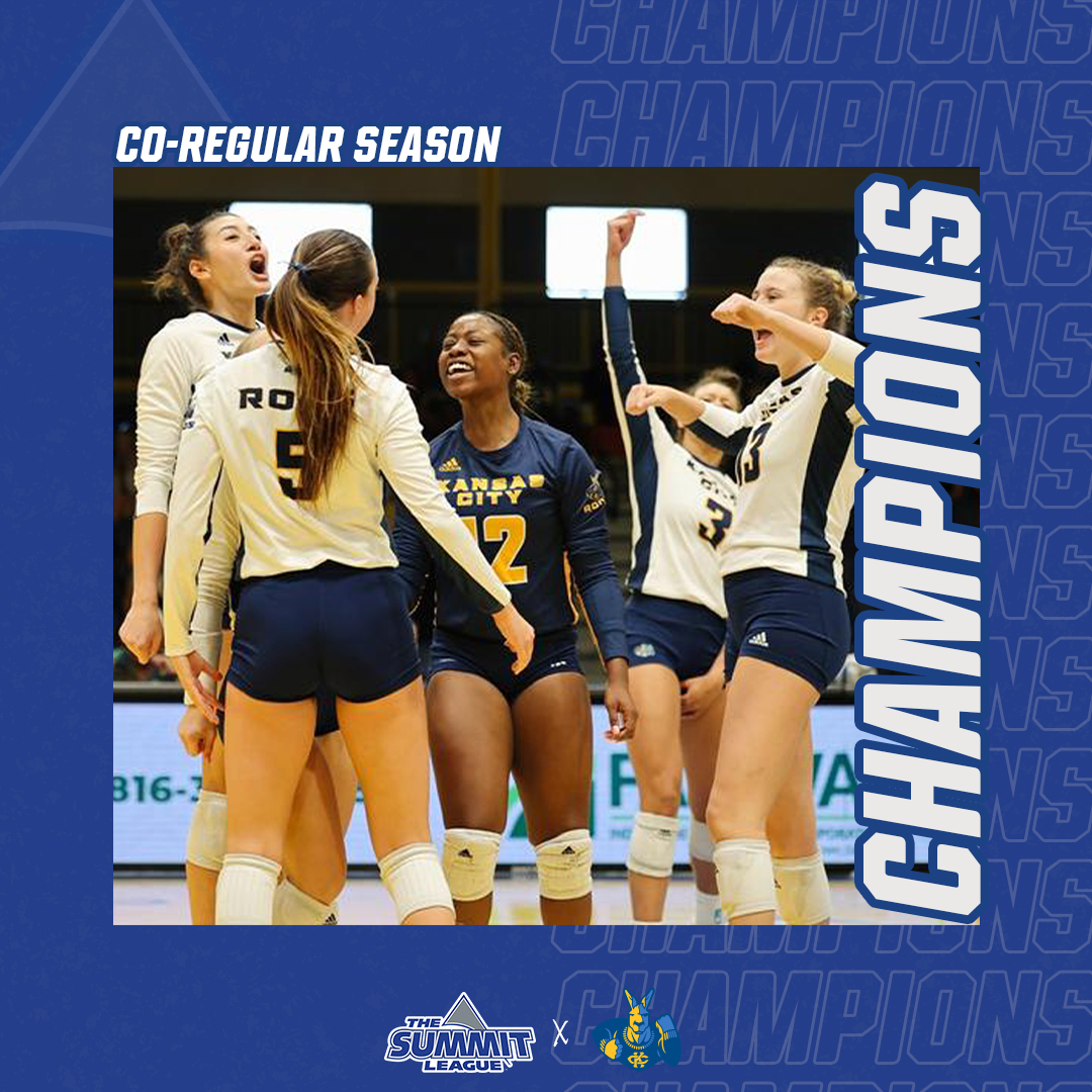 TheSummitLeague's tweet photo. #𝗦𝗨𝗠𝗠𝗜𝗧𝗩𝗕 𝗖𝗢-𝗥𝗘𝗚𝗨𝗟𝗔𝗥 𝗦𝗘𝗔𝗦𝗢𝗡 𝗖𝗛𝗔𝗠𝗣𝗜𝗢𝗡𝗦

@KCRoosVB secures a share of the 1⃣st title in program history with tonight’s win against St. Thomas‼️

#ReachTheSummit https://t.co/2E47vSz6OZ