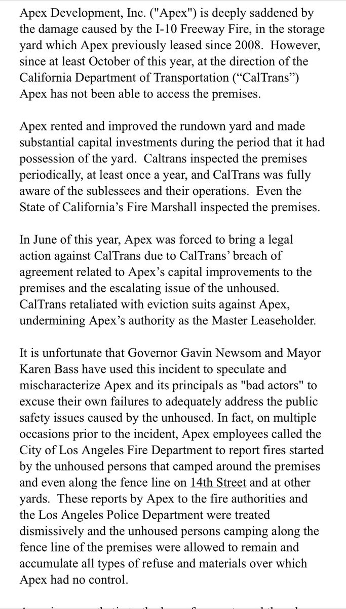 Statement from Apex development alleging #Caltrans was aware of subleases & that eviction notices were retaliation for a lawsuit. Also takes aim at #MayorBass & #GovNewsom for failures to address safety issues around the unhoused.(full statement) @FOXLA