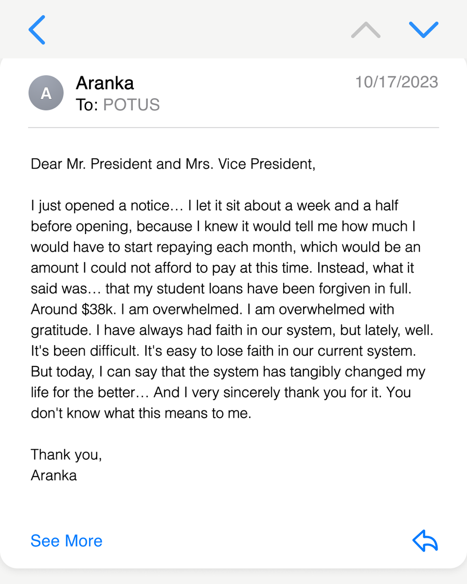 WhiteHouse46's tweet photo. The Biden-Harris Administration has already approved $127 billion in student debt relief for nearly 3.6 million Americans like Aranka.

This Administration will continue working to deliver more student debt relief to borrowers who need it. https://t.co/8pVFsvF5mr