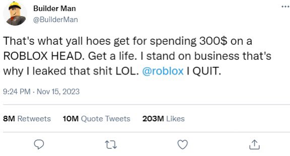unxvent's tweet photo. Damn builderman #freeheadless #roblox https://t.co/fNzI42BDXI