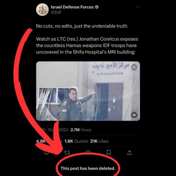 2J3M1A1H's tweet photo. @IDF deleted their fake propaganda video lol they accidentally put one of the props in the background that they brought in with them and the Internet found out! There are no tunnels under the hospital. There were no guns in there @Israel got caught bringing in the guns inside of boxes labeled “ medical supplies” lol 🤡