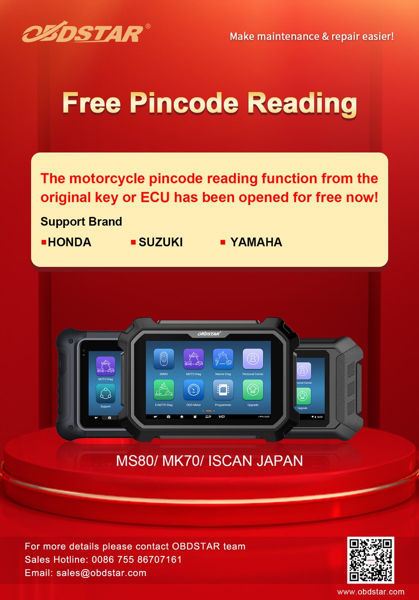 ObdstarTec's tweet photo. Good news! 📢
The motorcycle(HONDA, SUZUKI, YAMAHA) pin code reading function from the original key or ECU has been opened for free now! 🥳🥳🥳
#obdstar #motorcycle #PinCode #honda #suzuki #yamaha #MS80 #MK70 #IscanJapan #OriginalKey #ecu https://t.co/CRVBU5k7JP