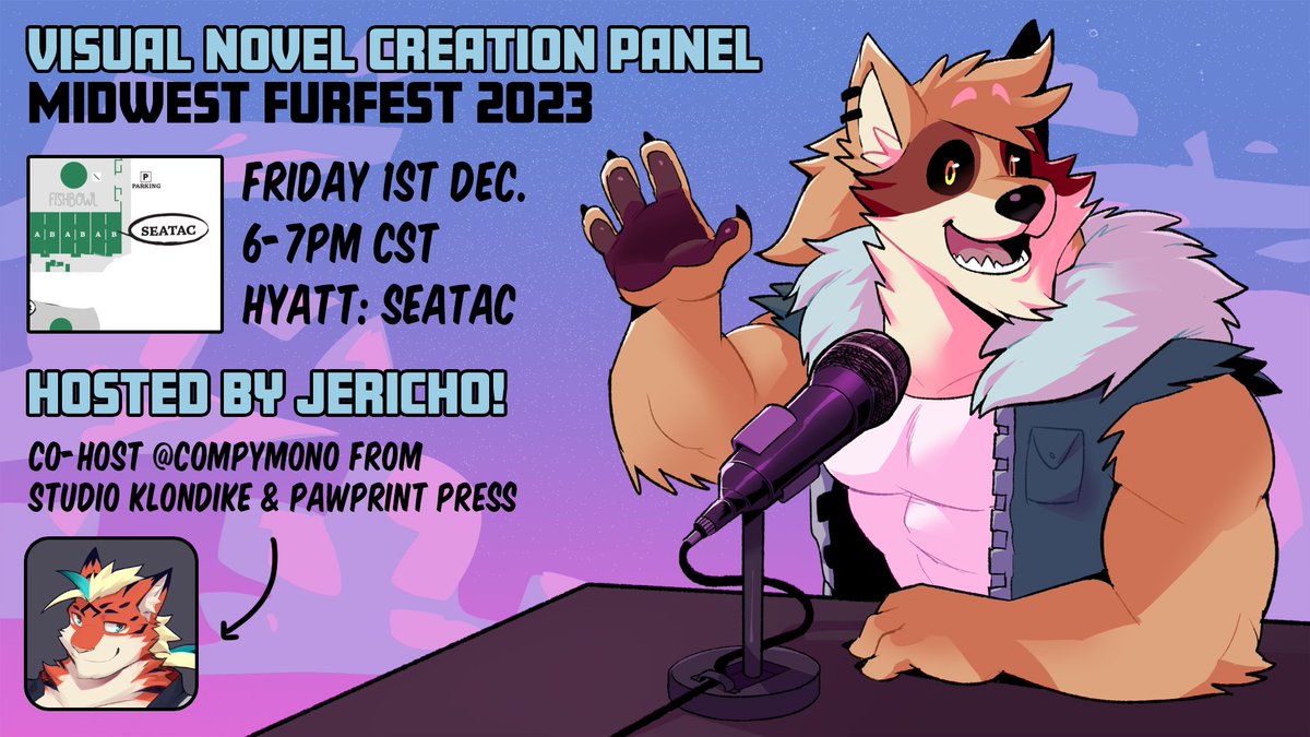 Announcement: I will be hosting a panel at this years Midwest Furfest! Both myself and my cohost <a href="/compymono/">Compymono</a> will be discussing our experiences with Visual Novel development, pros and cons, and general advice for would-be VN creators!

Hope to see you there!

-Jericho
🎨:<a href="/ploommy/">plum</a>