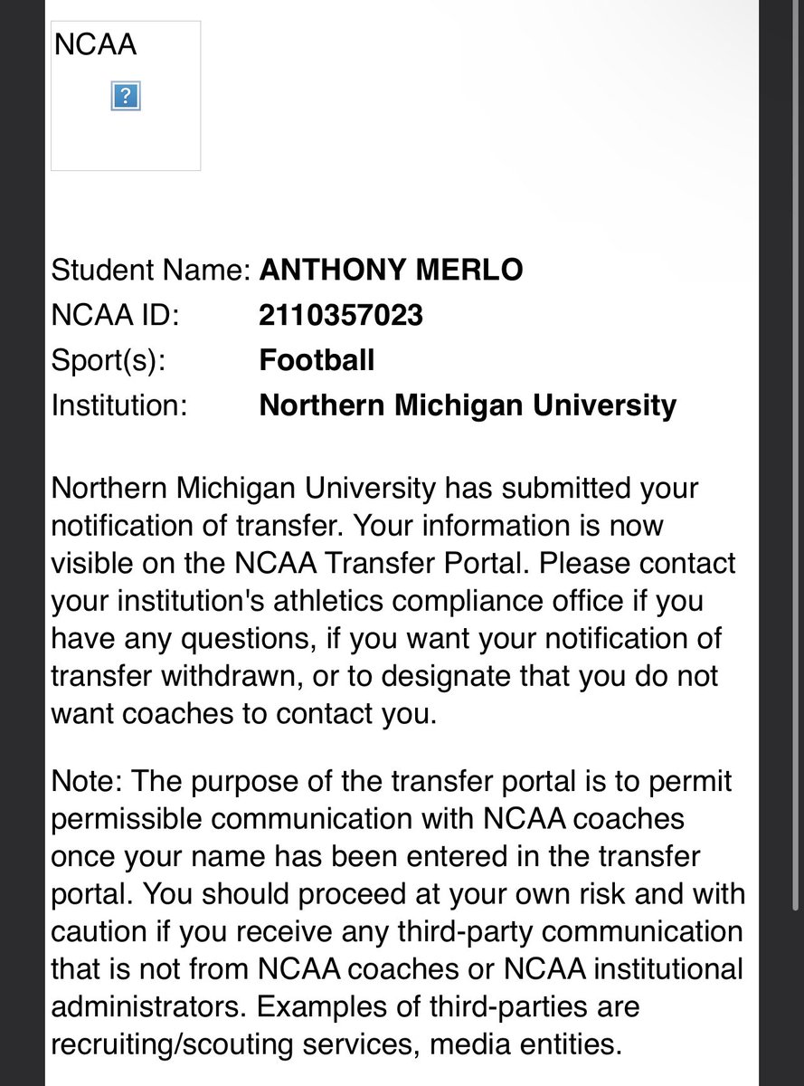 anthony_merlo22's tweet photo. I’d like to thank Northern Michigan University for my freshman and sophomore season.  With that being said I will be entering the transfer portal with 4 years of eligibility. https://t.co/4YJJUJOK1n