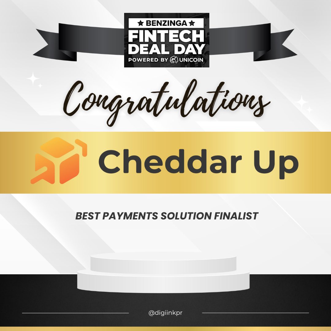 DigiInkPR's tweet photo. Big congratulations to the incredible @cheddarup team on their well-deserved recognition as finalists in the 'Best Payments Solution' category at @benzinga Fintech Deal Day 2023! 🌟🎉 We are so proud to work with such amazing clients!
#CheddarUp #FintechDealDay #PaymentsSolution https://t.co/LbWVzDrTrO