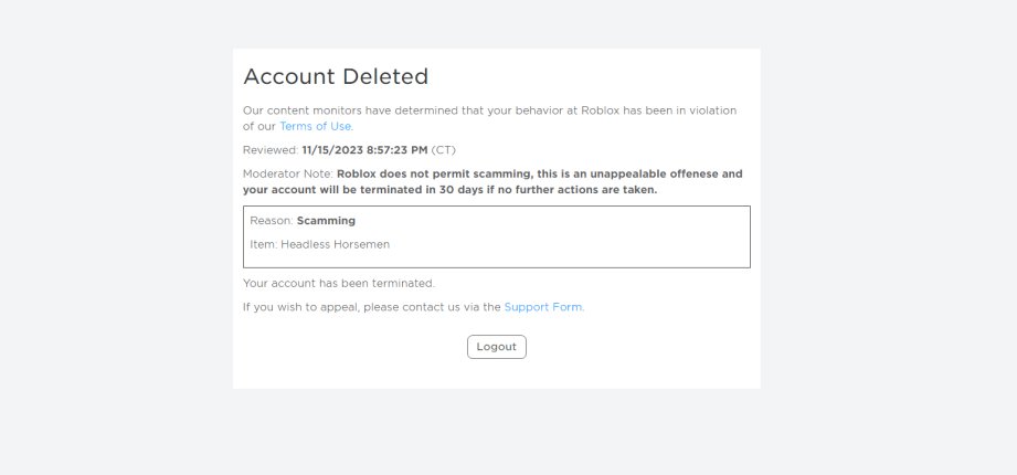 LordMega10's tweet photo. @Bloxy_News my friends account got deleted for it and they called it "scamming" https://t.co/1vVU8CRZJz