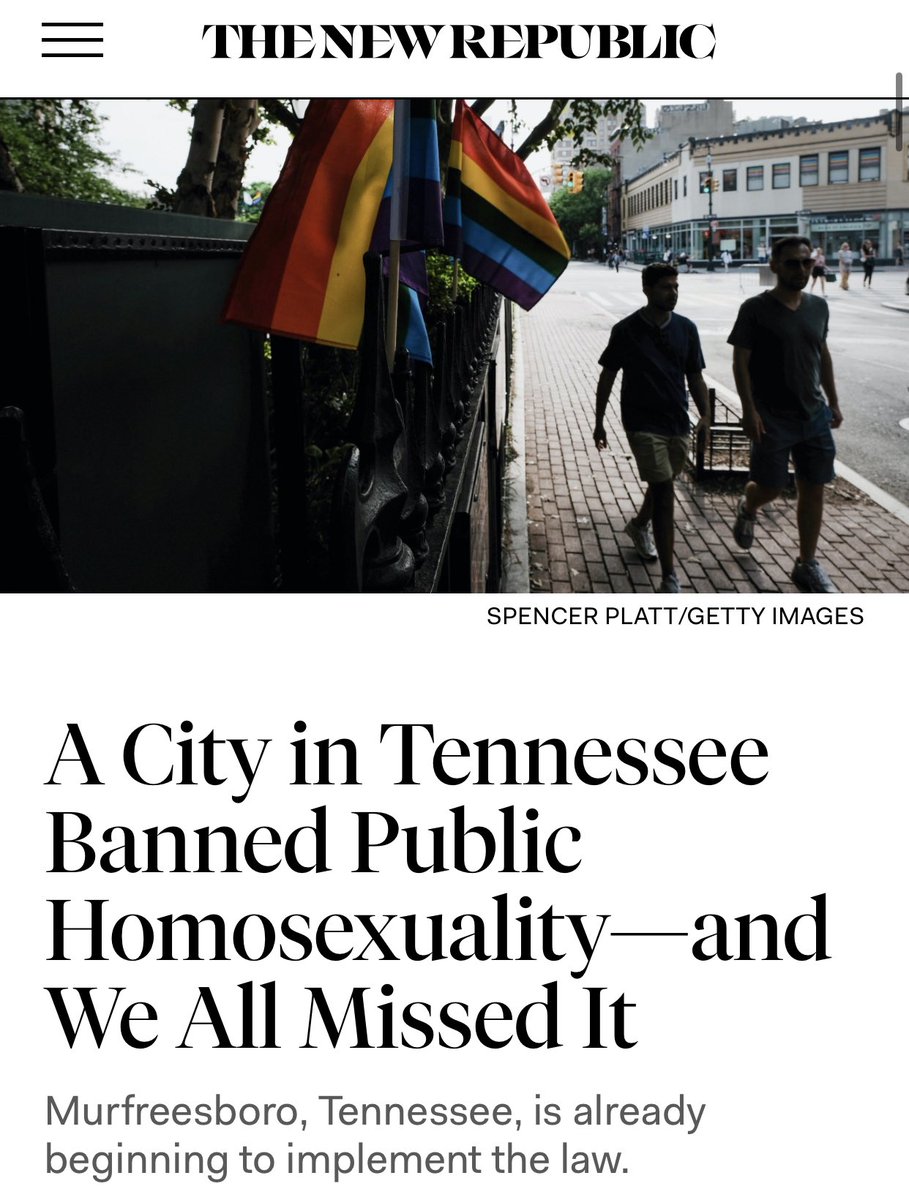 😳 🏳️‍🌈 MURFREESBORO: “A city in Tennessee is using a recently passed ordinance essentially prohibiting homosexuality in public to try to ban library books that might violate the new rules…”  newrepublic.com/post/176915/te…
