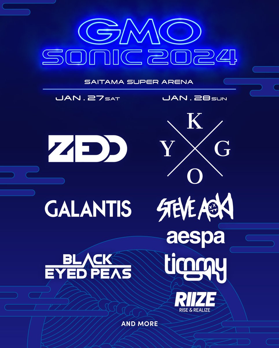 TokyoEDM's tweet photo. 【GMO Sonic 2024 第2弾ラインナップ発表❗️】

ウォーー 🙌😎🙌

ZEDD 
KYGO 
GALANTIS  
BLACK EYED PEAS  
STEVE AOKI  
aespa  
Timmy Trumpet  
RIIZE  

#GMOSONIC2024 https://t.co/tSOzYjhhcp