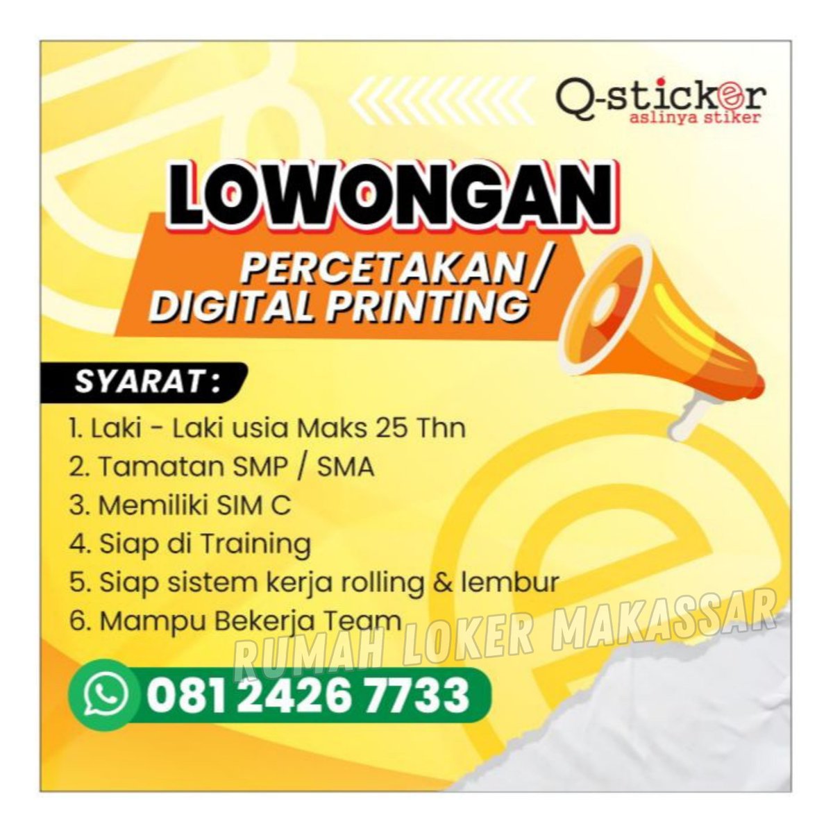 RumahLoker_Mks's tweet image. Q-Sticker Makassar

Jalan Pongtiku No. 29, Makassar

Kirim CV Lamaran Anda ke : 0812-4267-733
.
.

--------
#qstickermakassar #lokeradmin #sosialmedia
#lokermakassar #loker_makassar #rumahloker #rumahloker_mks
#lokersulawesi #infoloker #infolokermakassar #infoloker_mks