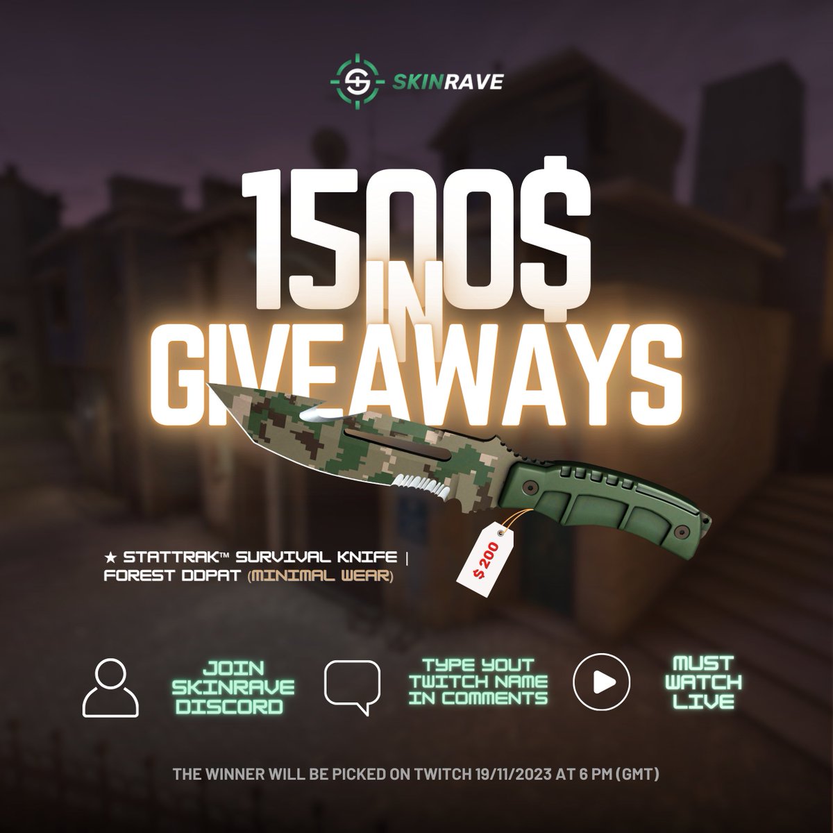 skinravegg's tweet photo. 🚨Giveaway Alert!🚨

We’re giving away a $200 stattrak Knife and $1500 in prizes💰

🟢 To enter this Knife Giveaway:

1️⃣ Must be in https://t.co/gytPAZsziK
2️⃣ Drop your Twitch username in the comments
3️⃣ Must watch LIVE at https://t.co/rSGptbfj25

Must view live Sunday 6pm GMT https://t.co/bDUVWQ3a6i
