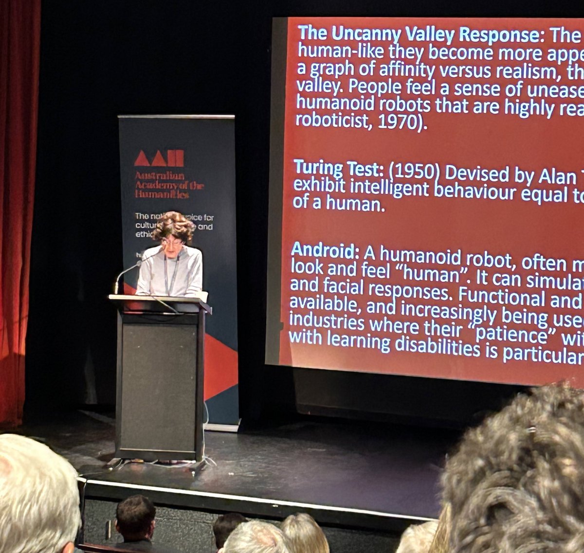 HumanitiesAU's tweet photo. Roslynn Haynes FAHA considers the parallels of the creation of AI &amp; Mary Shelley’s Frankenstein. If AI is the child of scientists &amp; possesses immense power, this quote feels poignant. “A new species would bless me as its creator and source.” #AAHSymposium https://t.co/p1YUlt7Ytr