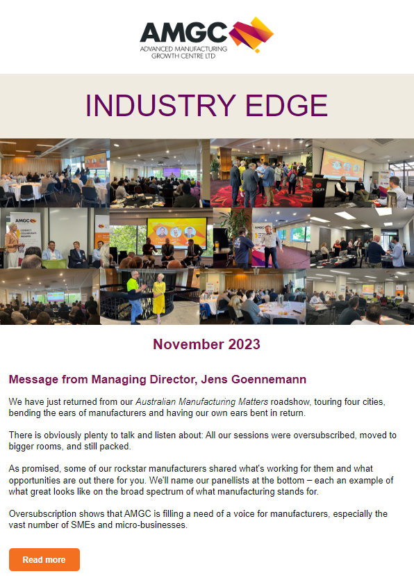 jens_goennemann's tweet photo. Check out @AMGC_Ltd November Newsletter. Featuring reflections from our recent Australian #Manufacturing Matters roadshow. We toured four cities – bending the ears of #manufacturers and having our own ears bent in return. #advmfg #withAMGC 

Read here: https://t.co/OSKz510d06 https://t.co/GwYpQU0uP9