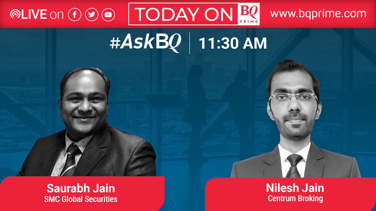 NDTVProfitAlpha's tweet photo. @InvestMentorSec @jd54patel @AgamVakil @NarayanaHealth @Heeraal Remember to tune in at 11:30 am for #AskBQ, with @smcglobal's @2saurabhjain and @CentrumIndia's @Nileshjain_m https://t.co/TqNXvHXe3I