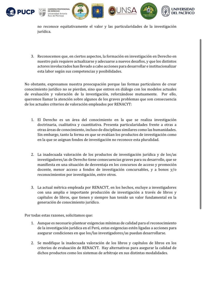 nb_correa's tweet photo. 🚨Carta abierta sobre la investigación jurídica en el Perú dirigida a @ConcytecPeru, solicitando cambios en Renacyt, suscrita por autoridades académicas de Derecho, de universidades públicas y privadas a nivel nacional. Valiosa y oportuna acción colectiva que también es relevante para las
Ciencias Sociales y las Humanidades 👇🏽 (1/2)