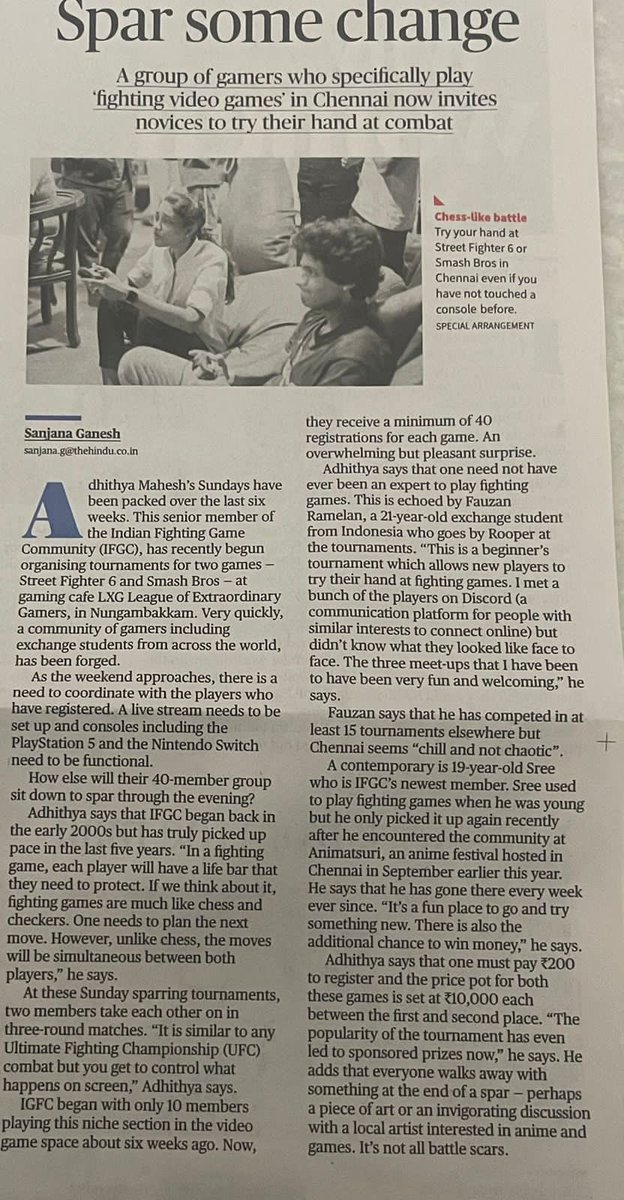 SSBMIndia's tweet image. Smash Bros Chennai mentioned on The Hindu MetroPlus front page!