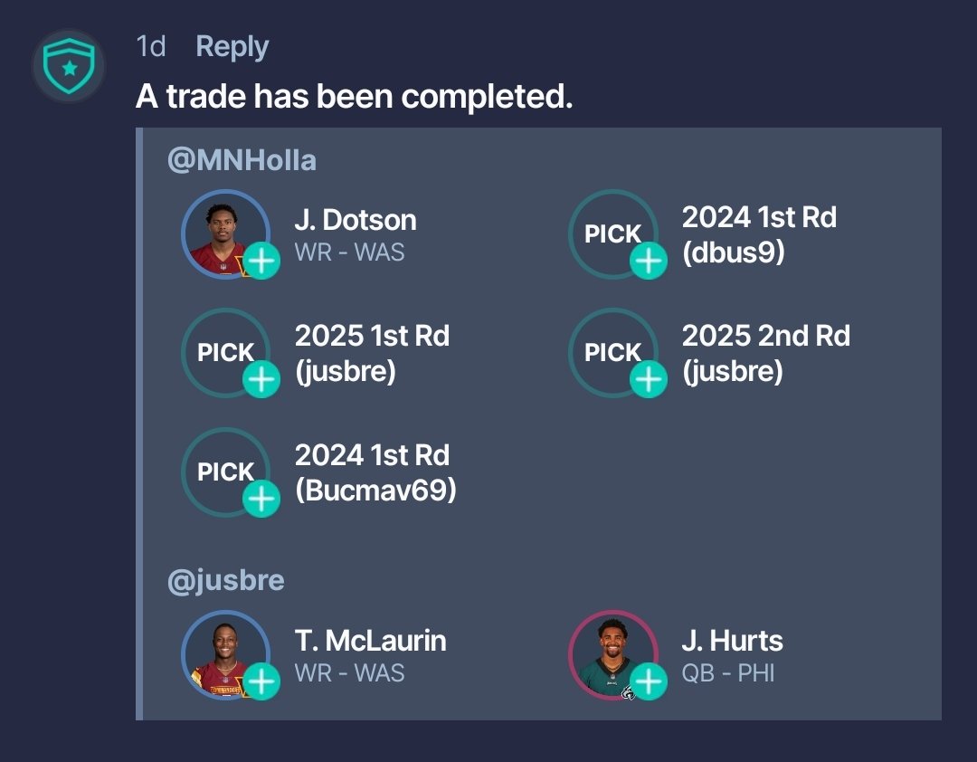 JustinBrethors1's tweet photo. @SleeperHQ Made two in the last couple of days. 
Hurts trade one of the 241st is top 3 and other is playoff team. 

I'm Jusbre in case you didn't figure that out. 

AMA

@bucmav11 https://t.co/ygMHYB1Xfg