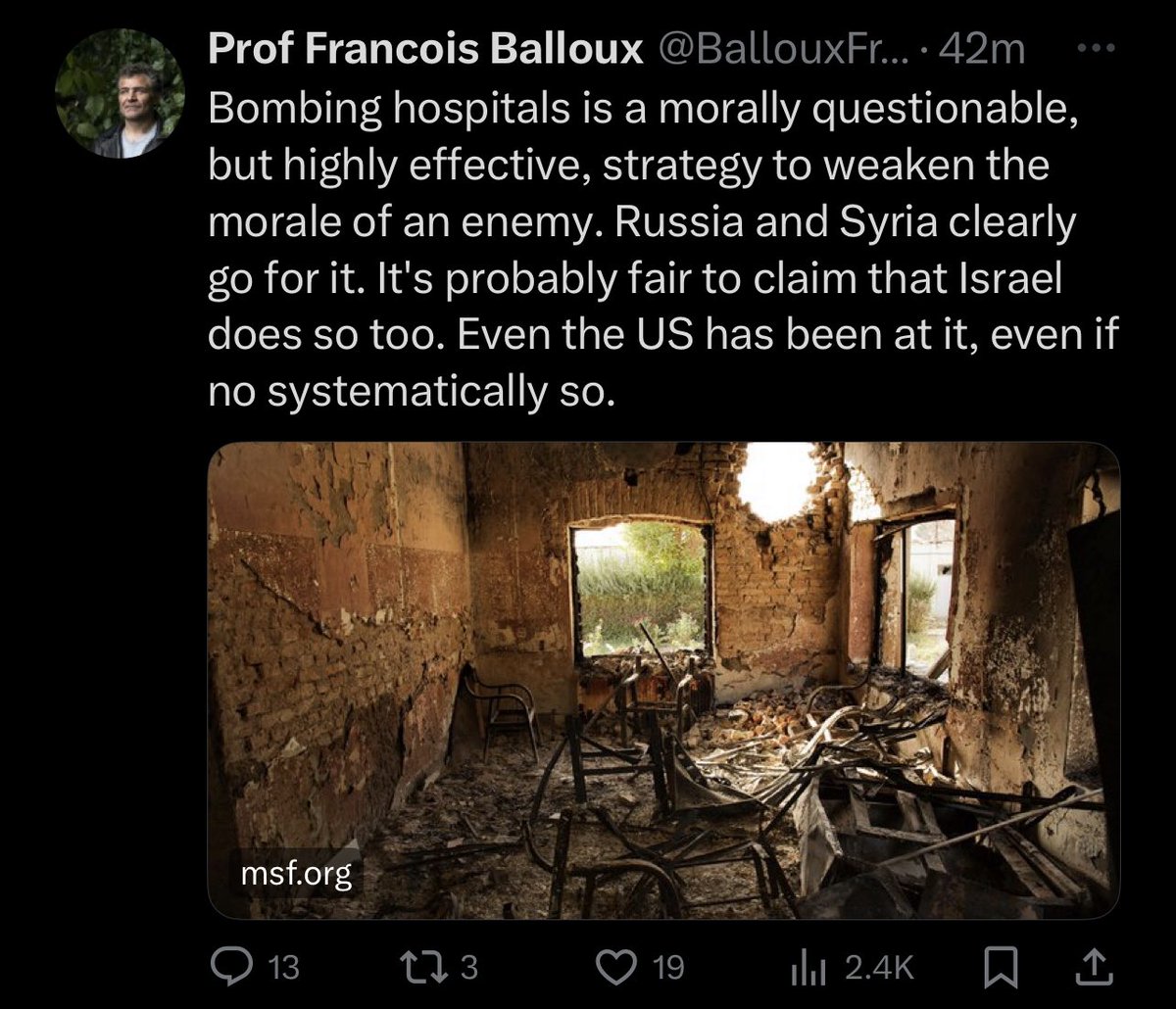 @BallouxFrancois It’s probable to assume Israel bombed a hospital to weaken the moral of the enemy. How long until he erases this tweet and is forced to apologise?