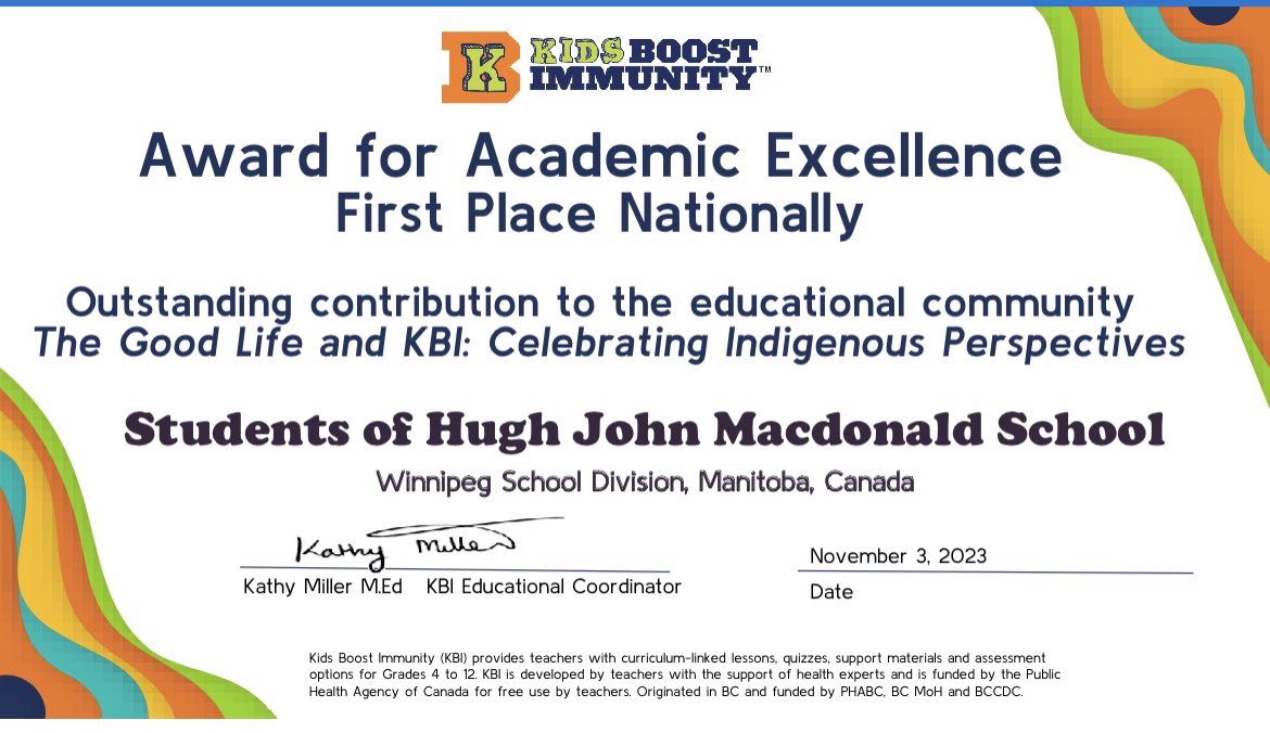 HughJohnFalcons's tweet image. Humbled.Thankful.Inspired.
Thanks KidsBoostImmunity (KBI) for these 2 National Awards💕 Cheers #wsdstudents for doing the #inquiryproject “The Good Life and KBI: Celebrating Indigenous  Perspectives” YOU are awesome Falcons👏@HJMSchool @WinnipegSD #science #indigenouseducation