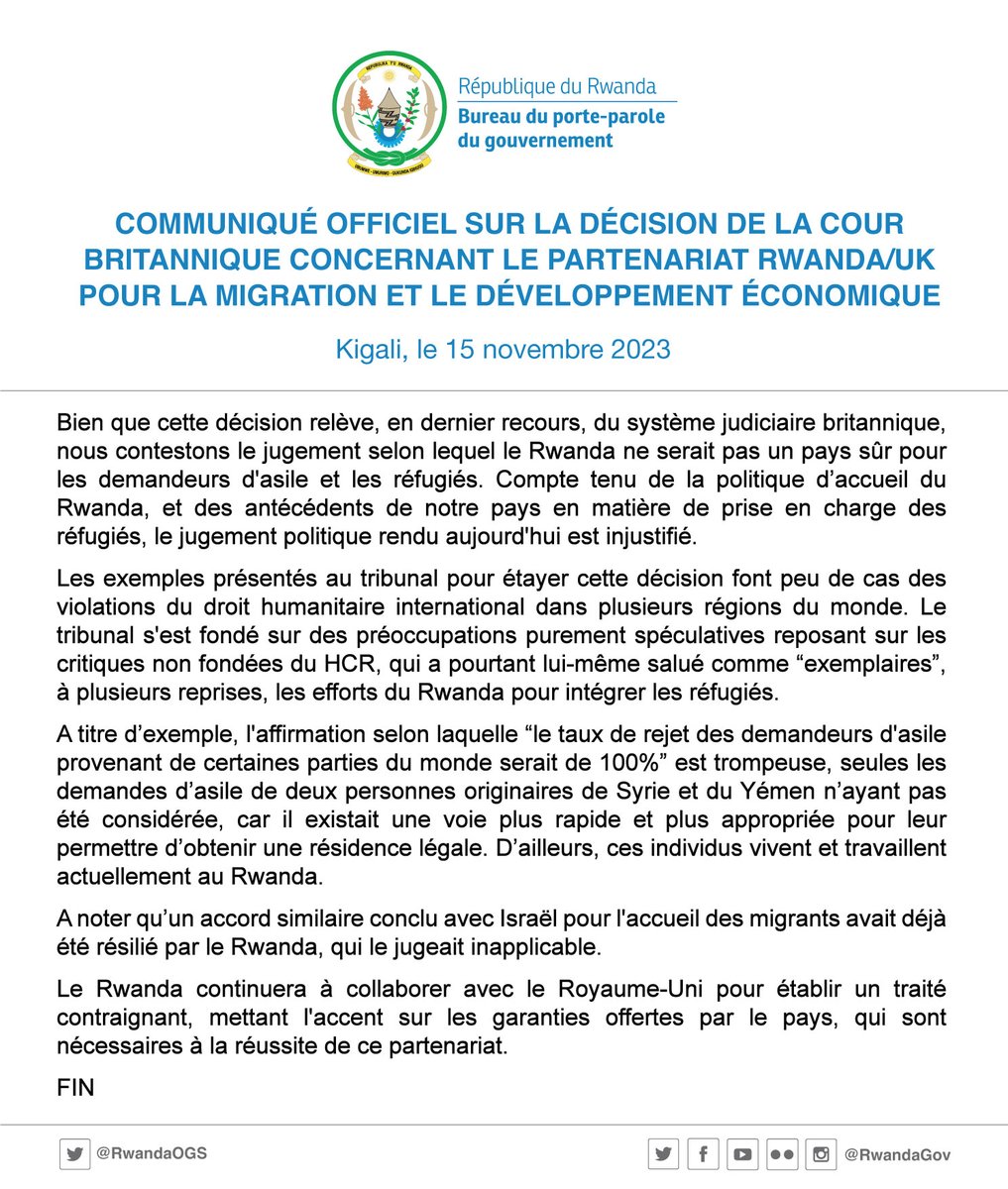#Rwanda 🇷🇼 : la haute cour britannique a décidé mercredi que les demandeurs d'asile et réfugiés ne seront pas envoyés au Rwanda car ce pays ne rassure pas.

 "Le Rwanda n'est pas un pays sûr pour recevoir les migrants parce qu'il affreint régulièrement ses obligations