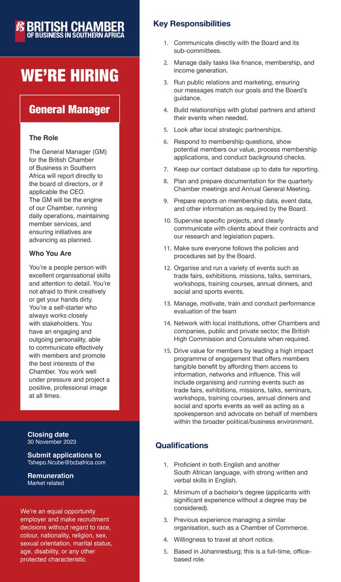 "Exciting job opportunity at the British Chamber of Business in Southern Africa!A brilliant GM needed. Come join our team in Johannesburg. #JobAlert #CareerOpportunity"