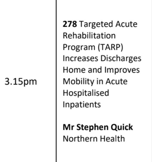 Looking forward to presenting this exciting work on behalf of <a href="/northernhealth_/">Northern Health</a> regarding our work through our trial of the Targeted Acute Rehabilitation Program at #AAG2023  <a href="/gerontologyau/">AAG</a> conference this afternoon.