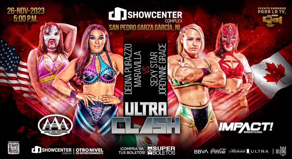 El talento femenino de clase mundial estará presente en @showcentermty para #UltraClash. 😱🔥 @DeonnaPurrazzo y @LadyMaravillAAA 🆚 @Sexy_staaar y @JordynneGrace.