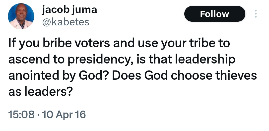 Lazooj's tweet photo. The church is a weakling in our democracy. Jacob Juma knew William  Ruto would use it to his advantage, just to get the presidency. This revelation came to pass last year. https://t.co/1V1x5gopWo