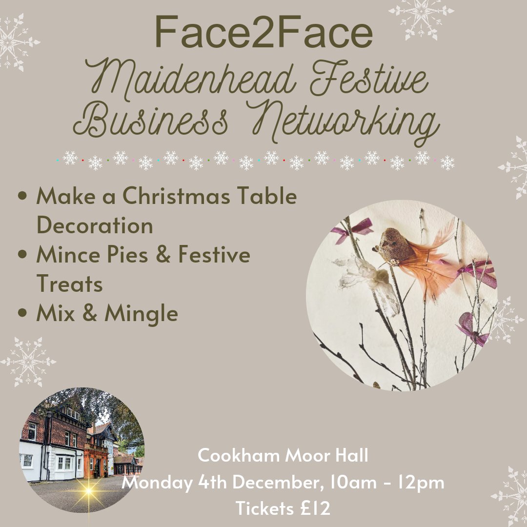 Face2FaceDirect's tweet image. Join us for the last network of the year, in Cookham on 4th December. We will make table decorations to get you in the festive mood, free refreshments &amp;amp; network ops. Christmas jumpers optional!
eventbrite.co.uk/e/face2face-ma…

#businessnetwork #smallbusiness #festivefeels #cookham